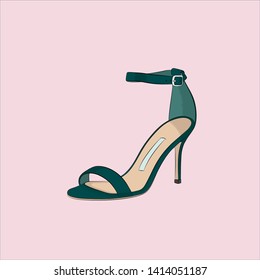 Stylish emerald, virid, green shoes with heels. Fashion and style, clothing and accessories. Footwear. Vector illustration for a postcard or a poster, print for clothes. Vintage and retro 