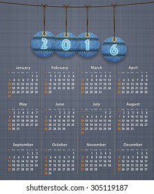 Stylish English calendar for 2016 on linen texture with jeans tags hung on thread. Vector illustration