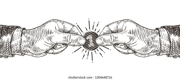 Stylish Engraving Illustration Of A Hand Passing A Coin A Symbol Of Finance And Business. Vector