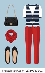 A stylish ensemble featuring red pants, a striped vest, white t-shirt, black handbag, red scarf, and black flats.