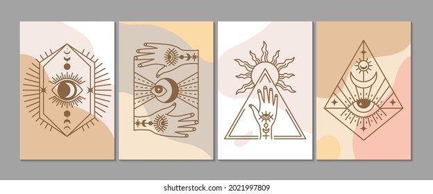 Stylish esoteric cards. Mystical line elements, modern art banners template. Abstract liquid forms and magical signs vector posters set