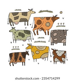 Stylish Ethnic Cows family on meadow. Vector Illustration for your design