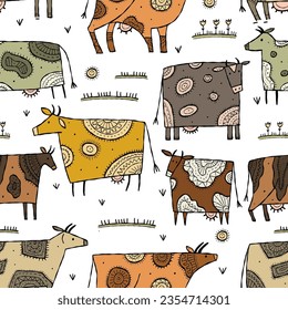 Stylish Ethnic Cows family on meadow. Seamless pattern background. Vector Illustration