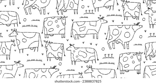 Stylish Ethnic Cows family on meadow. Seamless pattern background. Vector Illustration