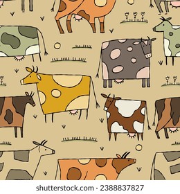 Stylish Ethnic Cows family on meadow. Seamless pattern background. Vector Illustration