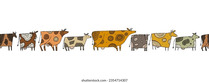 Stylish Ethnic Cows family. Seamless line pattern background. Vector Illustration