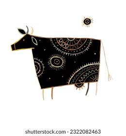 Ilustración estilizada del vector étnico: Silueta negra de vaca aislada sobre fondo blanco