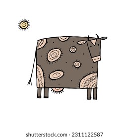 Stylish Ethnic Vector Illustration: Isolated Cow on White Background