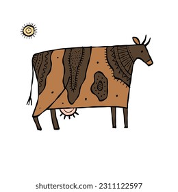 Stylish Ethnic Vector Illustration: Isolated Cow on White Background