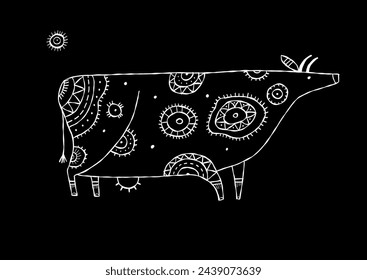 Stylish Ethnic Vector Illustration: Isolated Cow on black Background