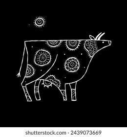 Stylish Ethnic Vector Illustration: Isolated Cow on black Background