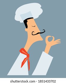 The stylish European chef with a mustache admires the smell of cooked food