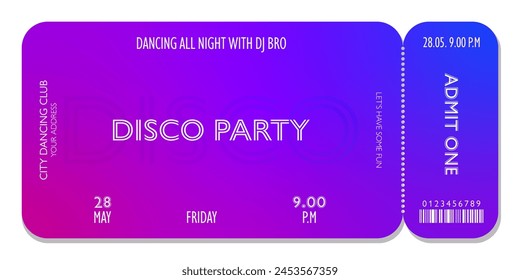 Stylish event ticket template in neon disco style. For parties, concerts and other events in 80-s, 90-s style. Vector, can be used for web and print. Just add your text.