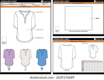 STYLISH EXTRA LONG HENLEY NECK TEE SOLID SWEATSHIRT TEE EDITABLE EMPTY TECHPACK MEASUREMENT TEMPLATE