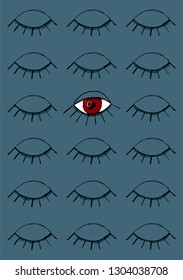 Stylish eye pattern. All the eyes are closed, one is open. Eyes with red pupils. Vector illustration.