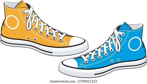 A stylish and eye-catching illustration of a pair of high-top sneakers in contrasting vibrant colors, perfect for fashion and lifestyle concepts. The yellow and blue sneakers with white laces and soles are set against a clean white background, making them ideal for use in marketing, advertising, editorial content, blogs, social media posts, and web design. The illustration's modern and trendy aesthetic adds a pop of color and style to any visual project.