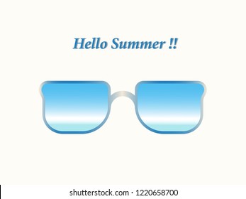 Stylish eyeglass frame with reflection of coastline beach and blue sky panorama