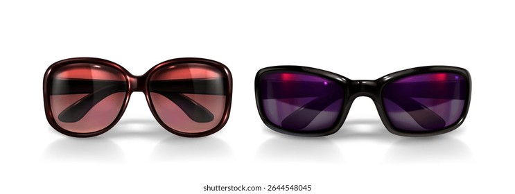 Stylish eyewear collection with modern 3d sunglasses - oversized frames and tinted lenses for summer protection. Fashion accessories with rectangular designs casting shadows on white background.