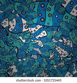 Stylish fabric pattern. Seamless Doodles blue, black and white on colors. Vintage. Vector.