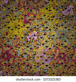 Stylish fabric pattern. Seamless Doodles yellow, pink, gray, black and orange on colors. Vintage. Vector