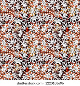 Stylish fabric pattern. Seamless Doodles white, black and orange on colors. Vintage. Vector.