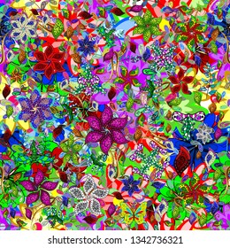Stylish fabric pattern. Seamless Doodles red, blue and green on colors. Vector. Vintage.