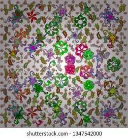 Stylish fabric pattern. Seamless Doodles white, green and beige on colors. Vintage. Vector.