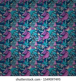 Stylish fabric pattern. Seamless Doodles violet, black and blue on colors. Vintage. Vector.