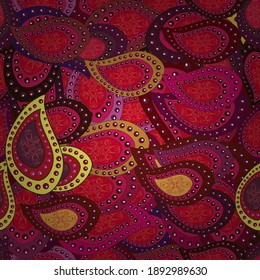 Stylish fabric pattern. Seamless Doodles purple, magenta and red on colors. Vector. Vintage.