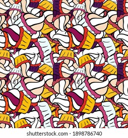 Stylish fabric pattern. Seamless Doodles black, yellow and white on colors. Vector. Vintage.