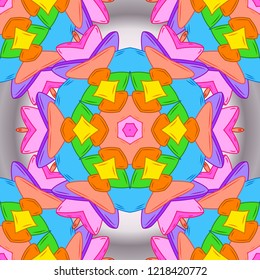 Stylish fabric pattern. Vintage. Seamless Doodles orange, blue and pink on colors. Vector.