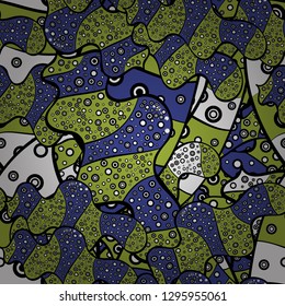 Stylish fabric pattern. Vintage. Vector. Seamless Doodles green, violet and black on colors.