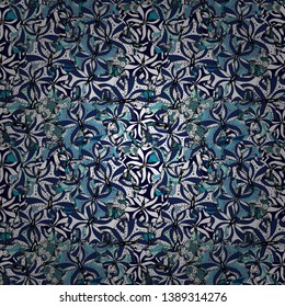 Stylish fabric pattern. Vintage. Vector. Seamless Doodles black, blue and white on colors.