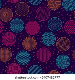 Stylish fabric print vector endless pattern. Round shapes with fantasy abstractions inside. Arabic motives in circles. Dotted texture background. Candy packaging design.