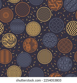 Patrón interminable de vectores de trama de tela estilizada. Formas de círculo con abstracciones orientales en el interior. Motivos asiáticos en burbujas. Fondo de textura errónea. Diseño de empaquetado de juguetes.