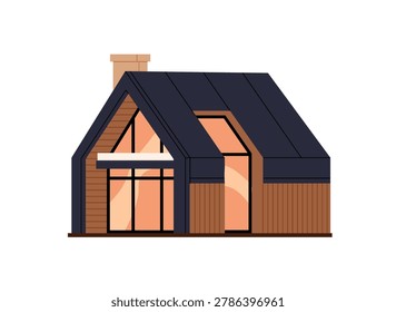 Stylish facade of barn house. Exterior of residential building in barnhouse style. Modern architecture of chalet, cottage, villa, mansion. Flat isolated vector illustration on white background