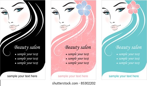 Stylish face of woman with long hair. Template design card