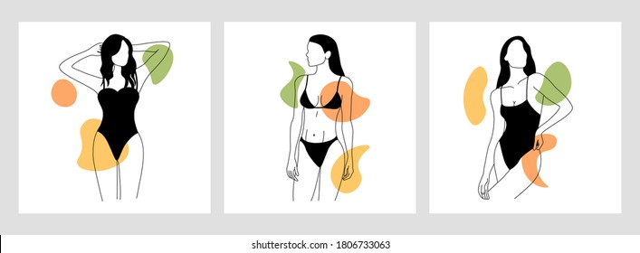 Stylish Faceless Ladies. Fashion Illustrations. Trendy Minimalist Hand Drawn Vector Set. Elegant Art. Slim Waist, Beautiful Bodies, Girls In Swimwear, Outline Body Parts