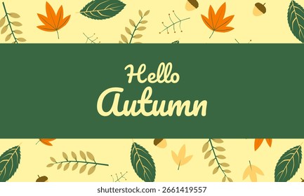 Elegante fondo de otoño con panel verde central, bellotas y hojas de otoño en una estética paleta de colores