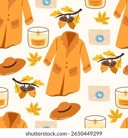 Stylish fall vector seamless pattern illustration featuring wool coats, hats, and soft accessories in warm tones. Ideal for fabric, wallpaper, and cozy hygge-themed designs.