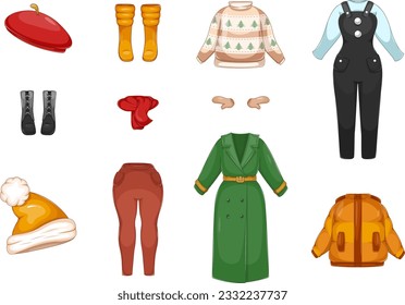 Stylish Fall-Winter Ensemble: Vector Illustration of Girls' and Women's Clothing Set
