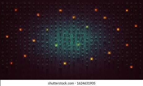 Stylish fantasy cryptogram with glowing letters. Beautiful dark background for banners and prints in the style of cyber fantasy. Wallpaper for screens in 9 by 16 format