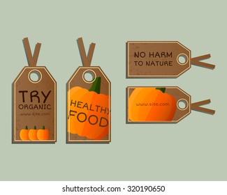 Stylish Farm Fresh badges, stickers templates set. Organic, bio pumpkin. Dark design. Bright colors. Best for natural shop, organic fairs, eco markets and local companies. Vector illustration