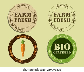 Stylish Farm Fresh logo and badge templates with carrot. Organic, eco. Mock up design. Retro colors. Best for natural shop, organic fairs, eco markets and local companies. Vector illustration