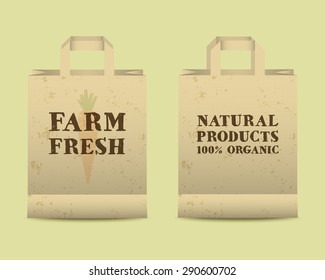 Stylish Farm Fresh paper bags template. Mock up design with shadow. Vintage colors. Best for natural shop, organic fairs, eco markets and local companies. Vector illustration