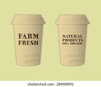 Stylish Farm Fresh paper cups template. Mock up design with shadow. Vintage colors. Best for natural shop, organic fairs, eco markets and local companies. Vector illustration