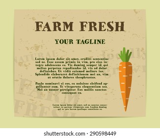 Stylish Farm Fresh poster, template or brochure design with carrot. Mock up design with shadow. Best for natural shop, organic fairs, eco markets and local companies. Vector illustration