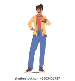 Stylish fashion adult man cartoon character posing with point finger indicating front direction full-length portrait. Confident guy presenting choice of you gesturing forward vector illustration