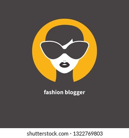 Stylish fashion blogger icon, beautiful girl in sunglasses,  fashionable icon, fashionista, glamour, glamorous blogging. Vector illustration