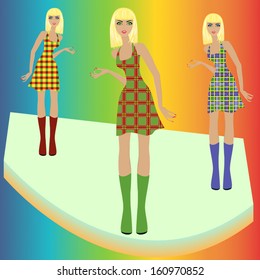 Stylish fashion blond models posing on in various checkered dresses, hand drawing vector illustration